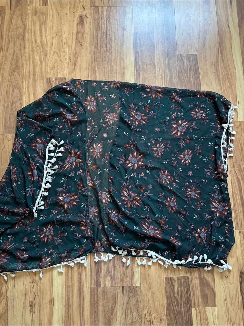 Floral Tassel Trim Kimono Cardigan - Dark Green